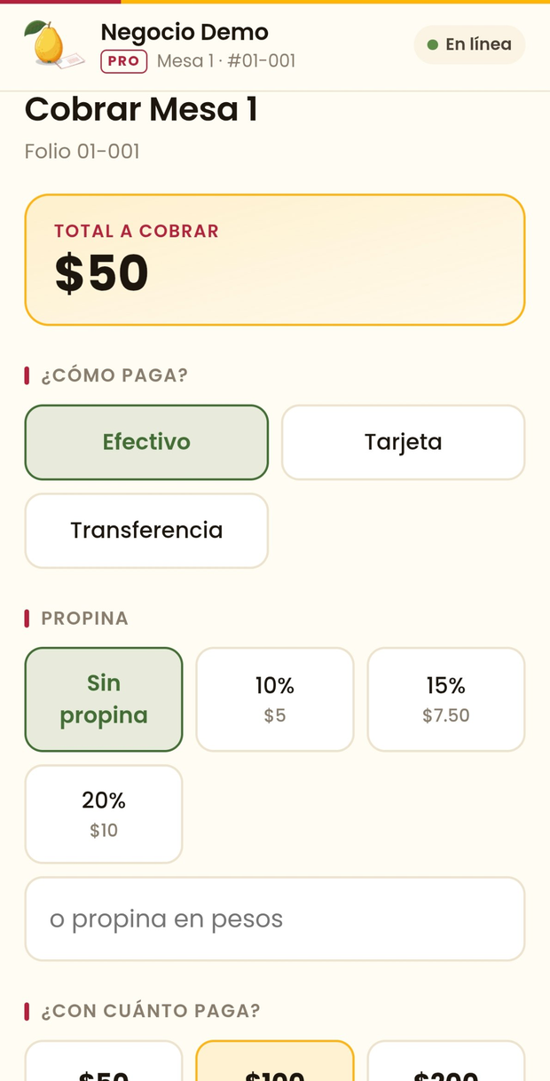 Pantalla de cobro con el total y las formas de pago