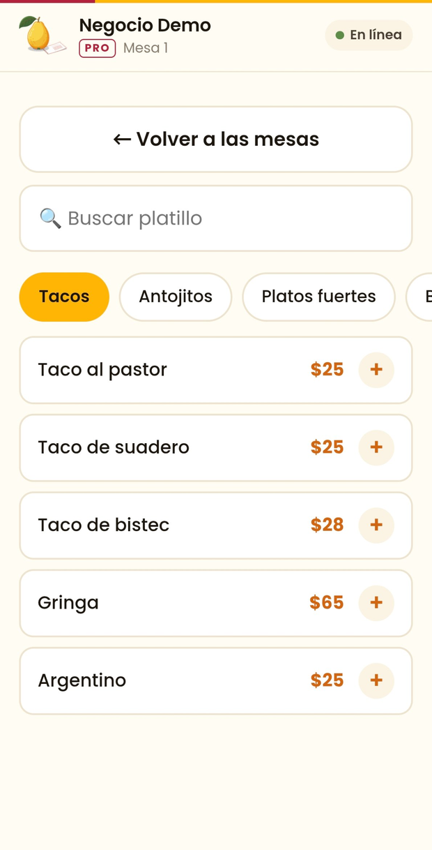 Pantalla de la app: la cuenta de la Mesa 4 con sus productos y el total